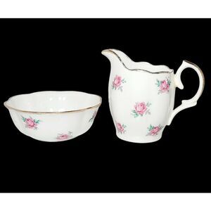 Vintage Jason Creamer and Open Sugar Bowl Pink Bud Roses Gold Trim‎ England